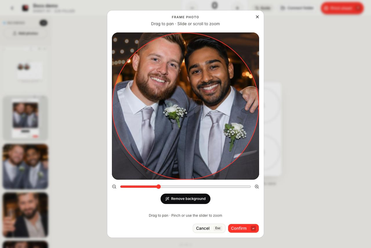 Framing dialog on the run page with a circular crop over two groomsmen, a zoom slider, Remove background and Confirm