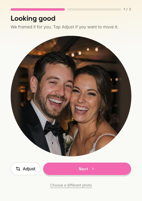 Guest portal screen reading Looking good, we framed it for you, tap Adjust if you want to move it, with Adjust and Next buttons