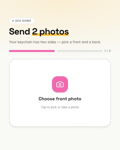 Guest portal screen for a two-sided event reading Send 2 photos, with a button to choose the front photo