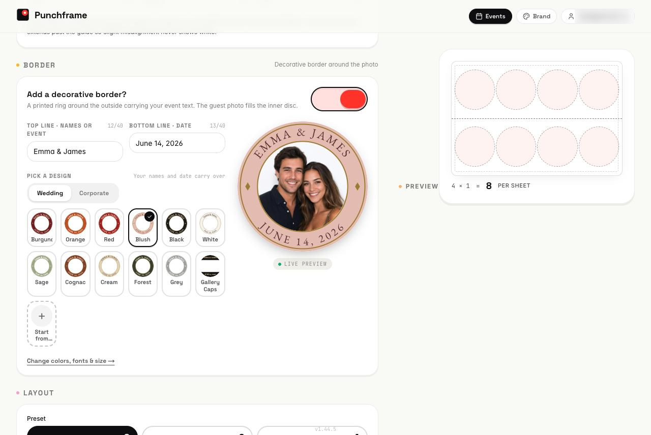 Border editor showing top and bottom text Emma & James and June 14, 2026, the Wedding designs grid with Blush selected, and a live preview ring