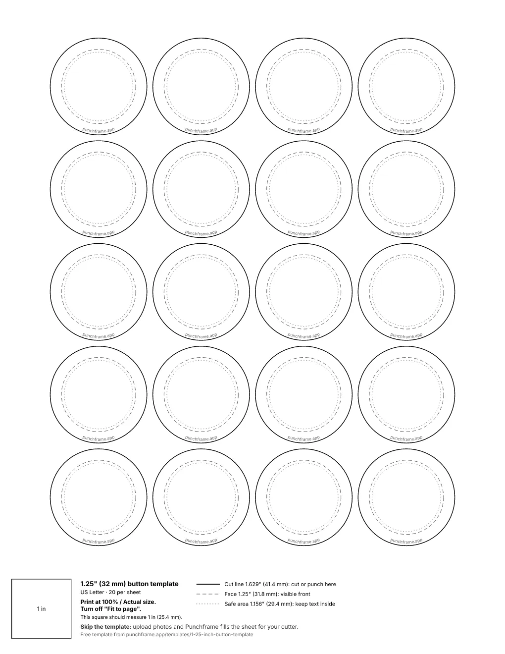 1.25 inch button template on US Letter: 20 circles, each with a 1.629 inch cut line, a 1.25 inch dashed face line and a dotted safe area