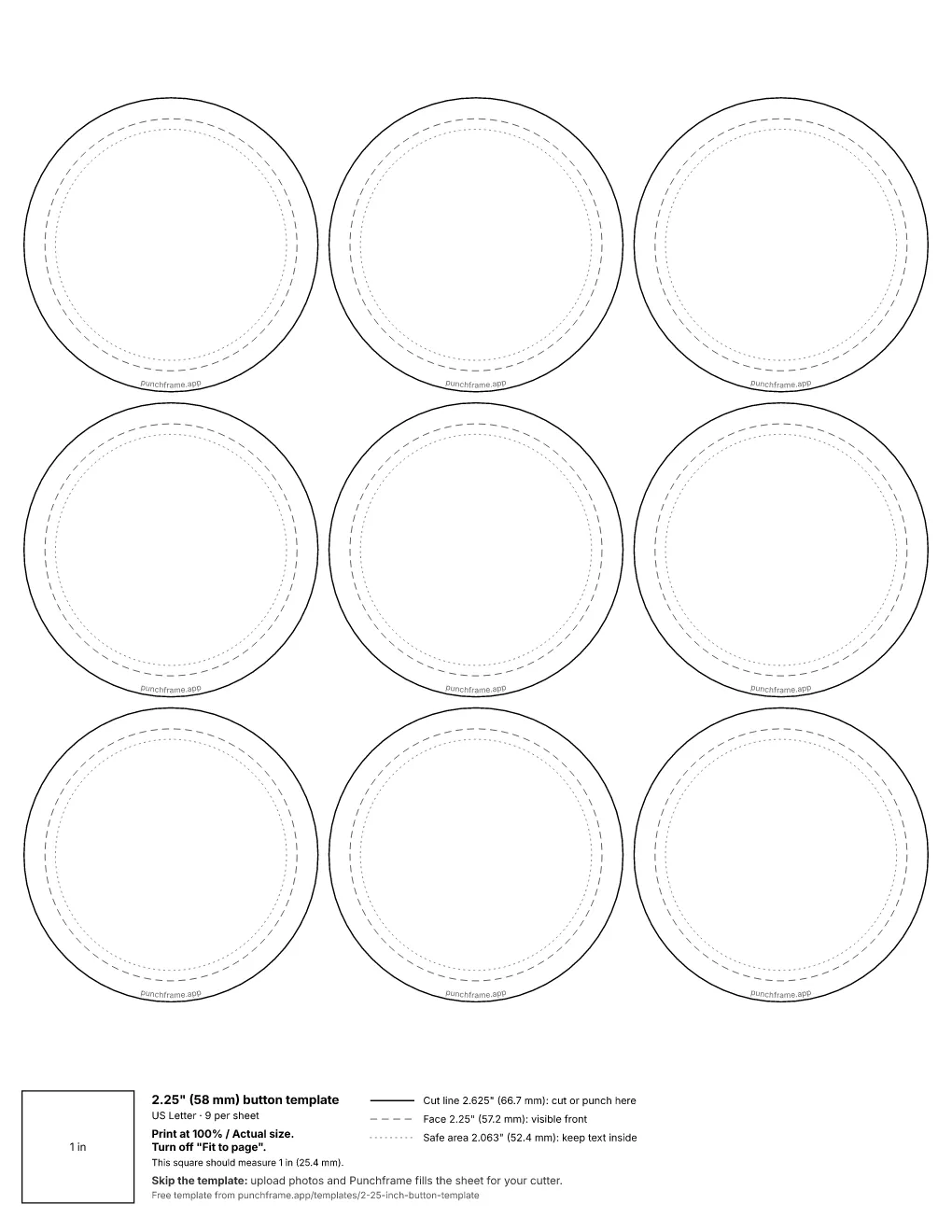 Button template 2.25 inch on US Letter: 9 circles, each with a 2.625 inch cut line, a 2.25 inch dashed face line and a dotted safe area